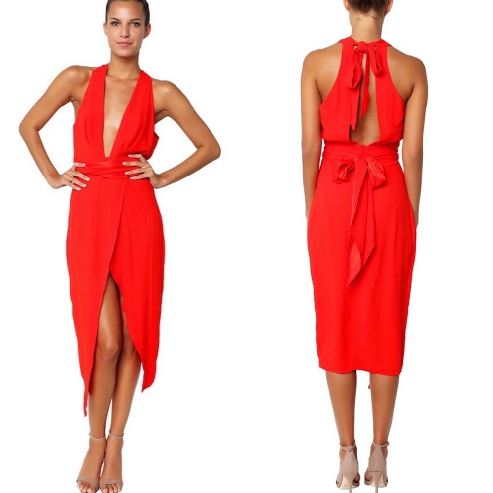 Bec & Bridge Revolve Bon Bon Plunge Dress Fire Red